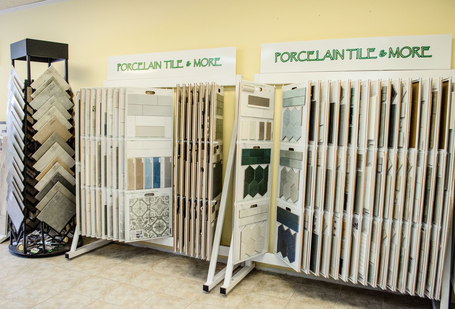 a display of porcelain tile and mosaics in a store