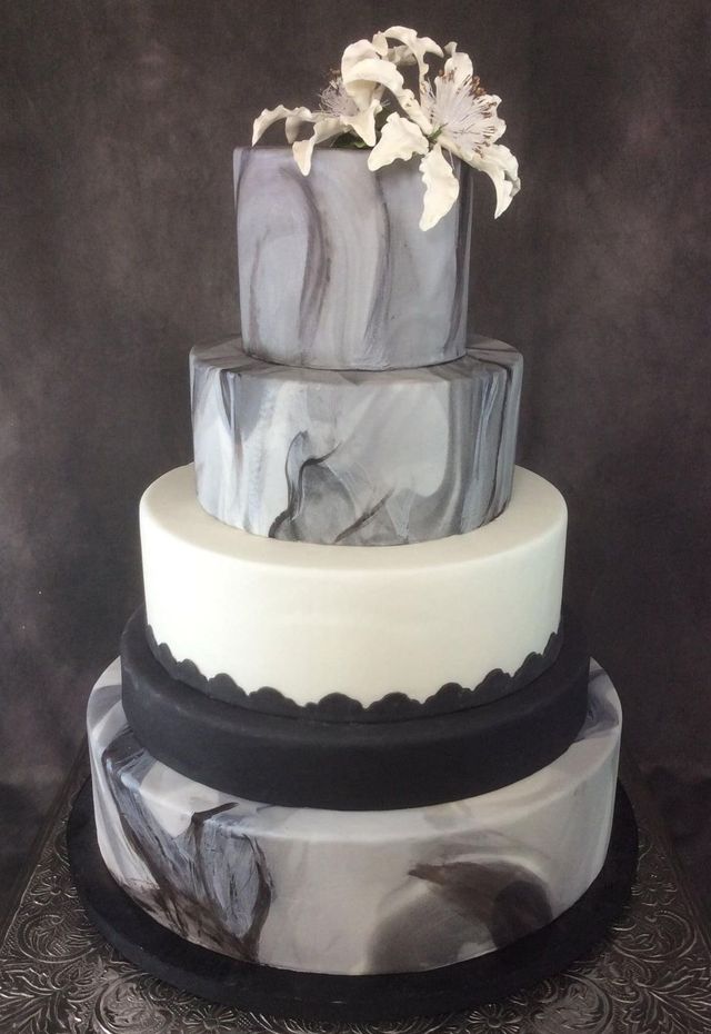 Black, White, and Grey Marble Fondant Wedding Cake