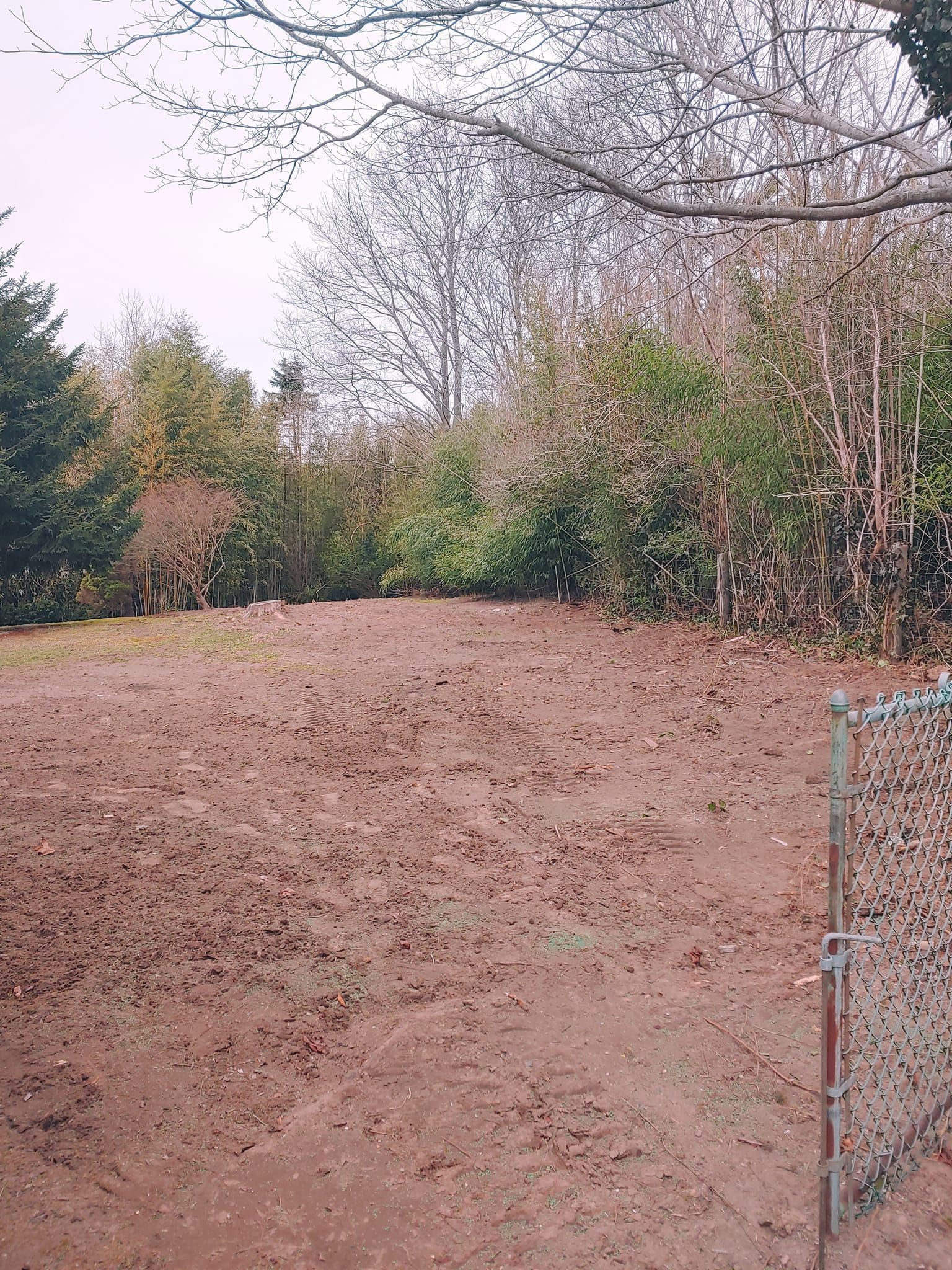 A dirt field with a chain link fence and trees in the background.