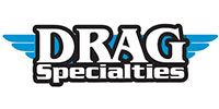 DRAG Specialties logo in black and white with blue wing accents