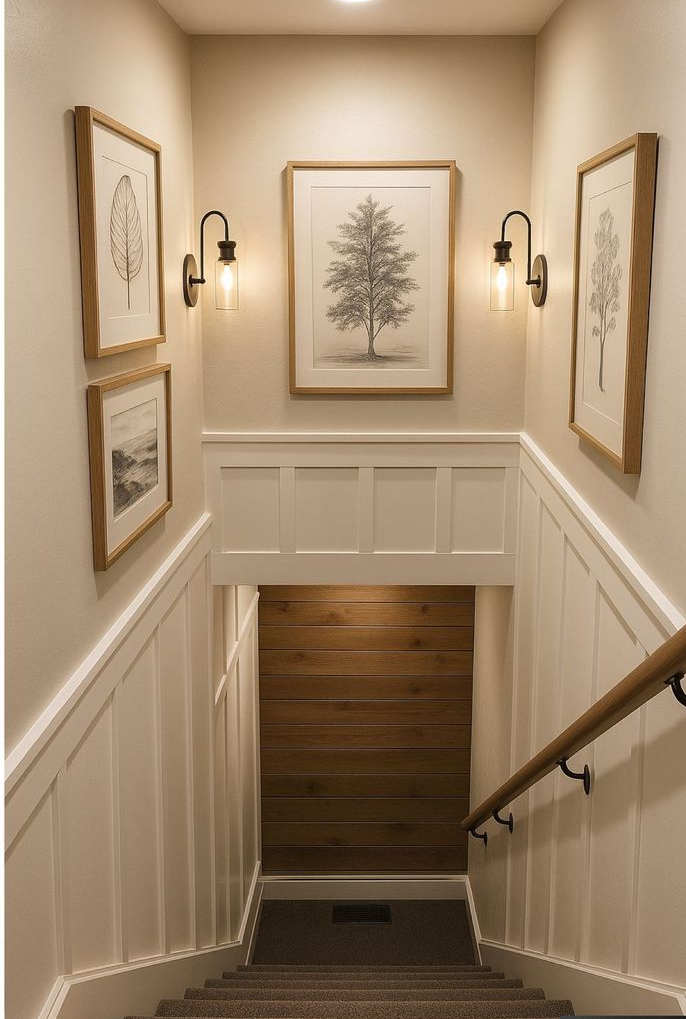 Stairwell with framed art and sconces on walls. Wooden handrail. Dark wood accent wall at the base of the stairs.