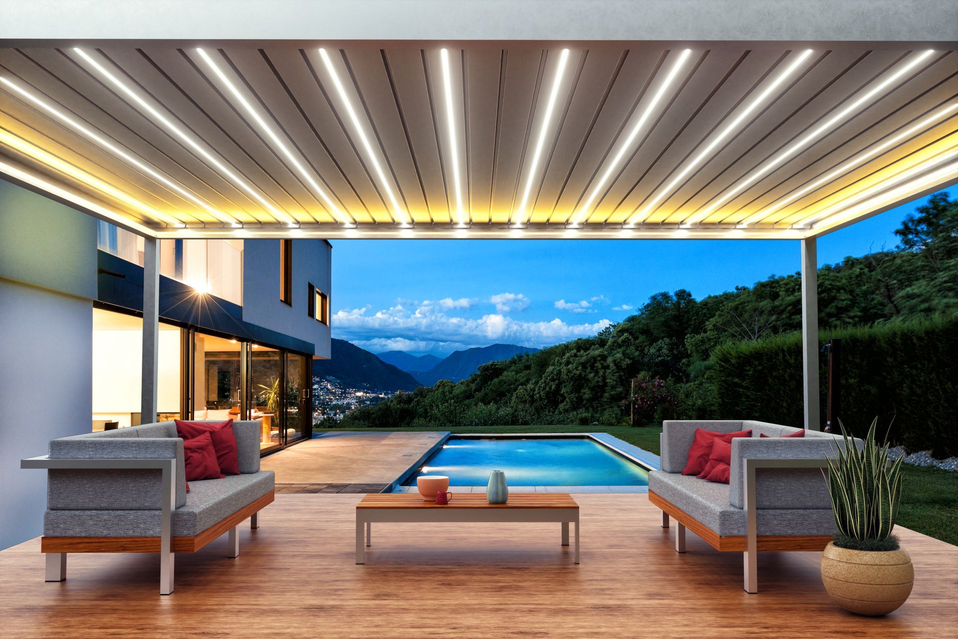 A patio with a pergola overlooking a swimming pool.