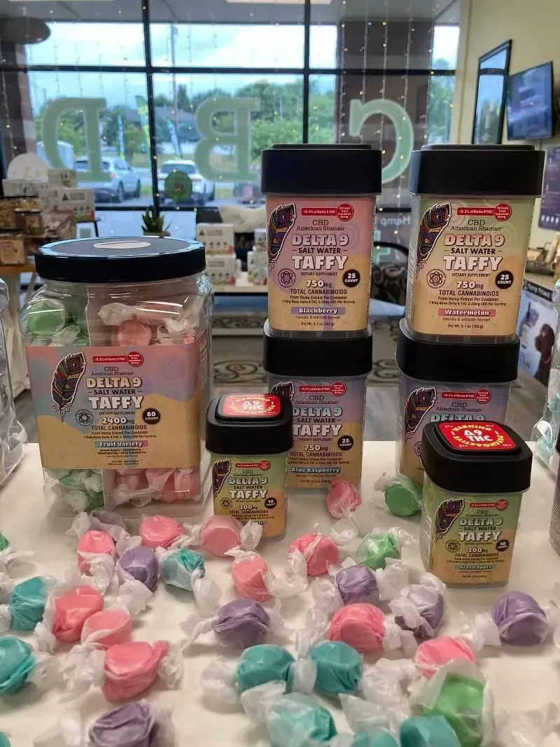 Display of saltwater taffy in various flavors and containers