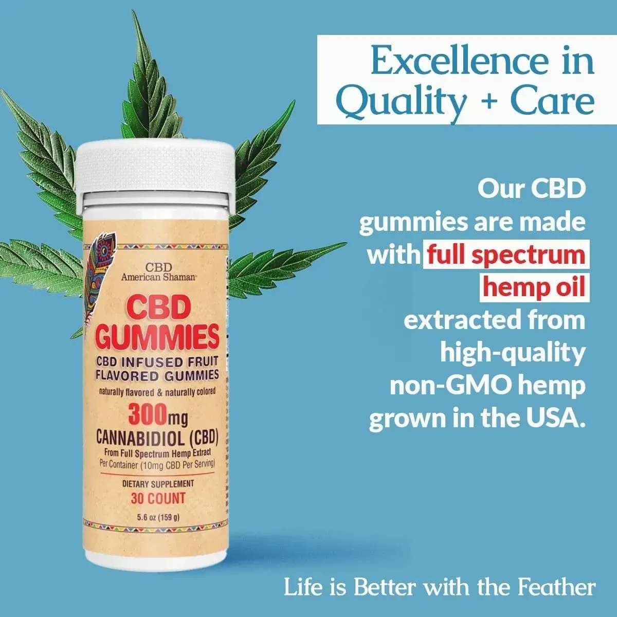 CBD gummies bottle with hemp leaves