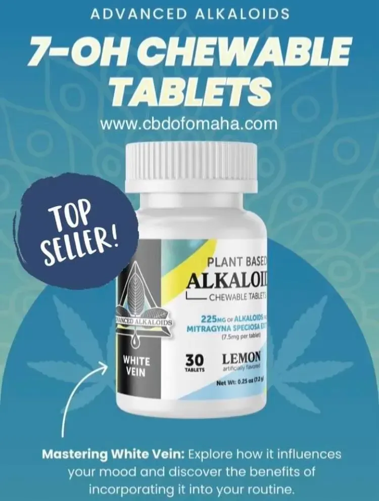 Bottle of 7-OH chewable tablets, plant-based alkaloids