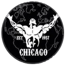 A black circle containing a stylized silhouette of a figure with arms outstretched, overlaid on a map with "EST 1957 CHICAGO".