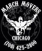 Logo for March Movers Chicago, featuring a muscular figure holding up a globe, established in 1957, with (708) 425-2800.