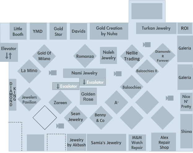 Mall map showing the layout of jewelry stores, with names and locations, including escalators and elevators.