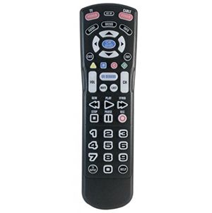 Black remote control with many buttons, including numbered keys and directional controls.