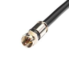 Close-up of a black coaxial cable with a silver, threaded F-connector on a white background.