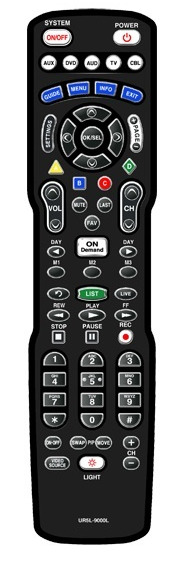 Black remote control with many buttons for a television system.