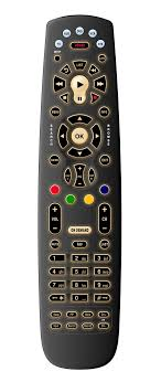 Black TV remote control with multiple buttons.