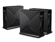 Three black TP-Link mesh Wi-Fi units, angled front view, with geometric design, on a white background.