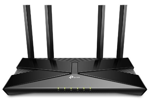Black TP-Link Wi-Fi router with four antennas, LED status lights, and several ports.