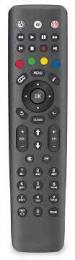 A black television remote control with numerous buttons.
