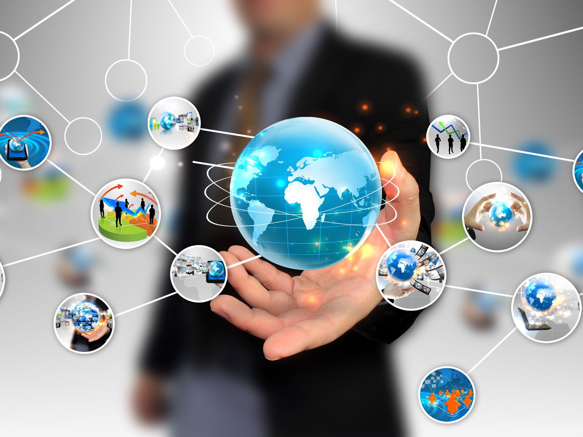 Man holding a glowing globe, surrounded by digital icons and connected lines.