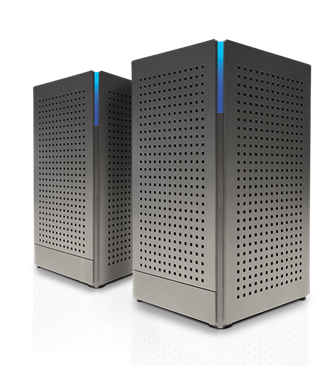 Two grey computer towers with perforated sides, lit with blue light at the top.