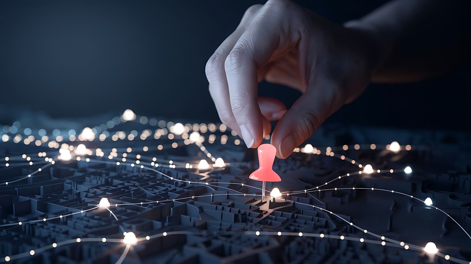 Hand placing a red pin on a glowing network map, highlighting a central location.