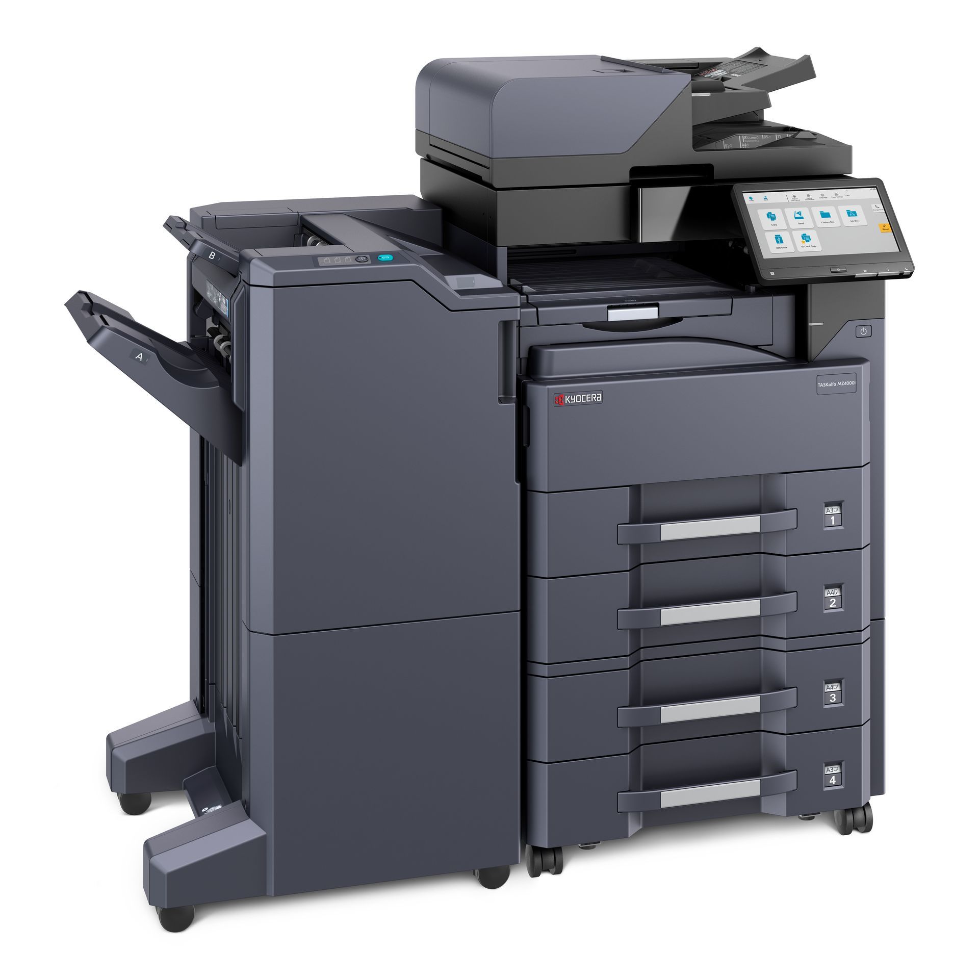 A black printer is sitting on top of a white table.