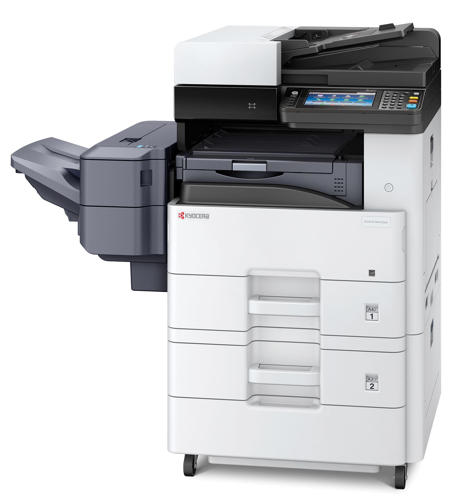 A Kyocera multifunction printer is sitting on top of a white table.
