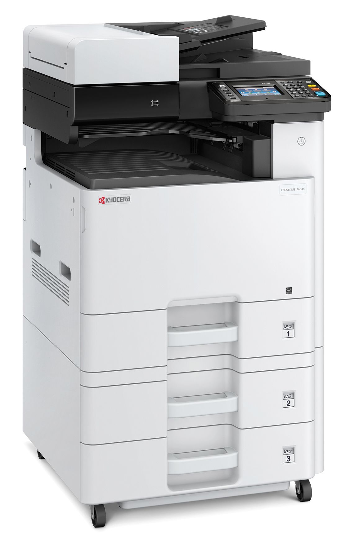 A white and black printer is sitting on top of a white table.