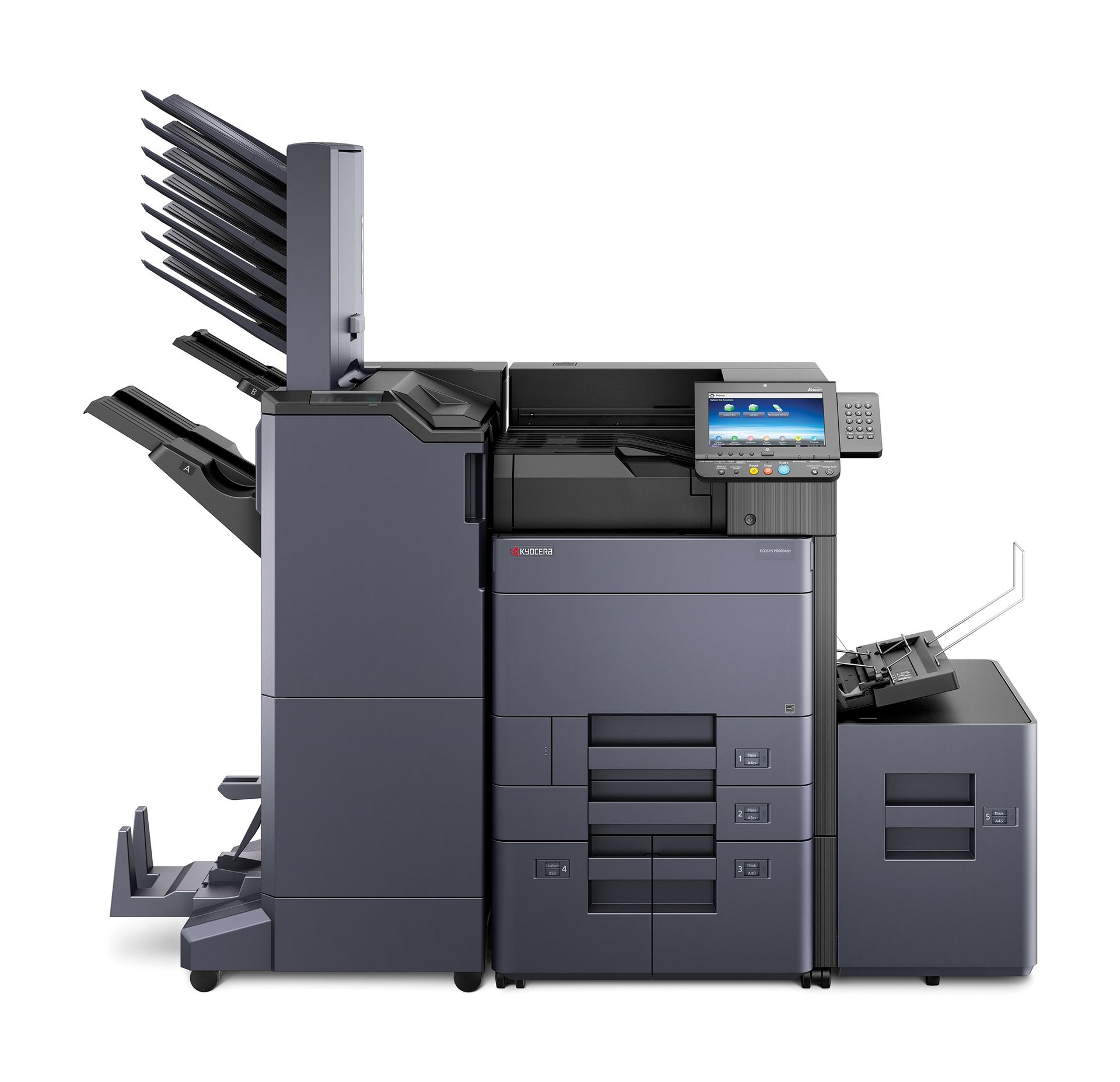 A black printer is sitting on top of a white table.