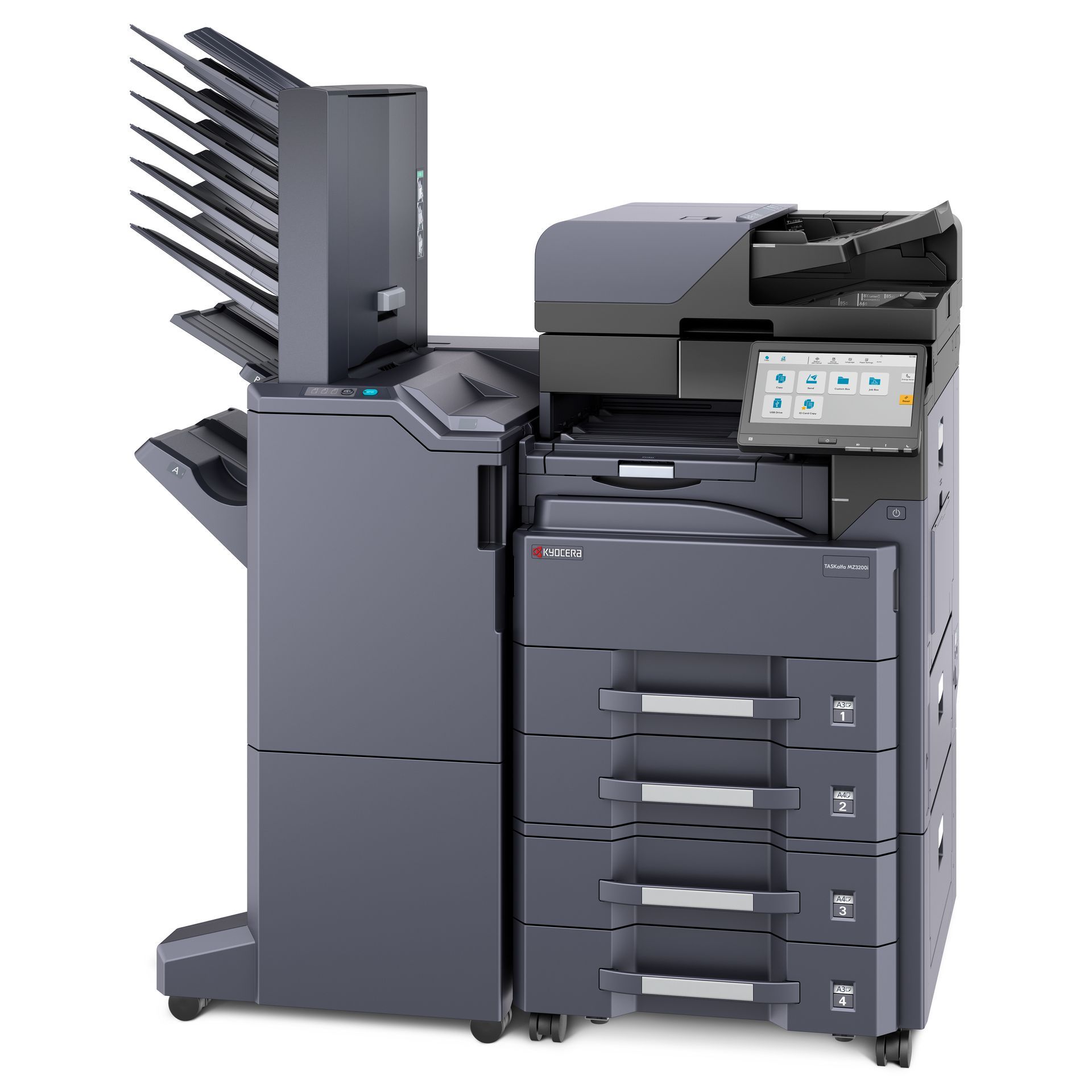 A black printer is sitting on top of a white table.