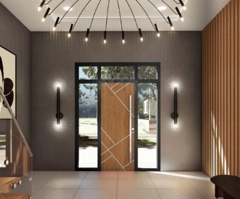Modern entryway with a glass front door, black wall sconces, tiled floor, and curved ceiling light fixture