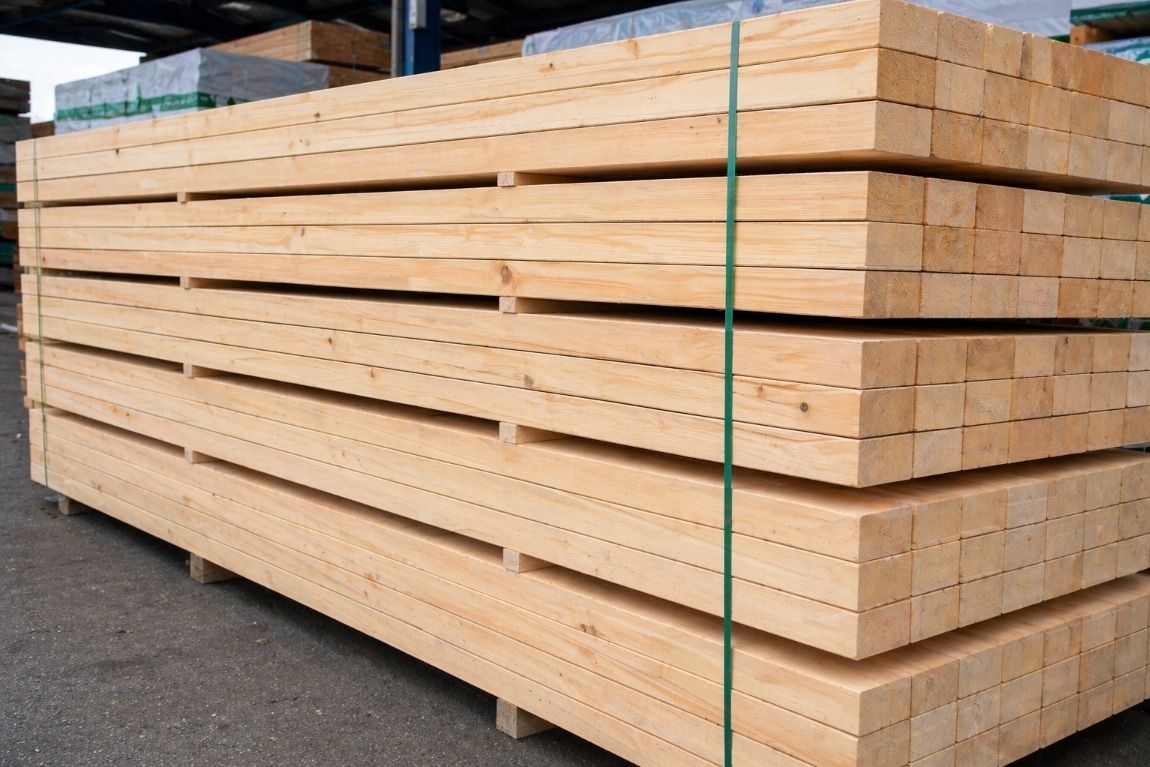 Stacked lumber planks bound with green straps outdoors on a pallet