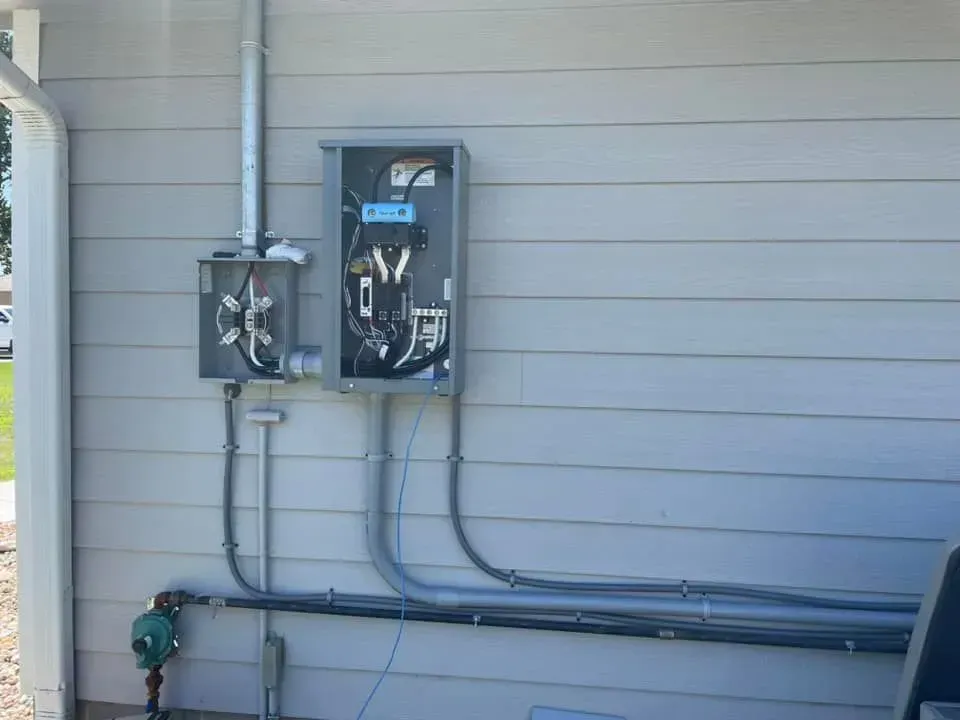 Outdoor electrical meter and circuit breaker boxes mounted on gray horizontal siding, with conduit pipes below.