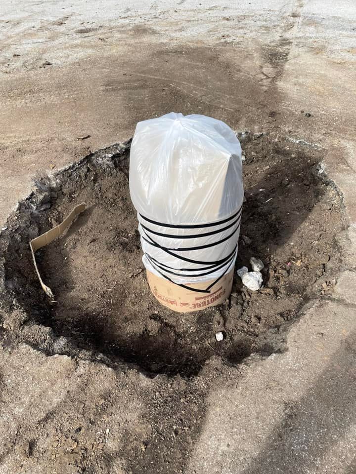 A cardboard tube wrapped in black tape and topped with a plastic bag sits inside a circular hole in a dirt ground.