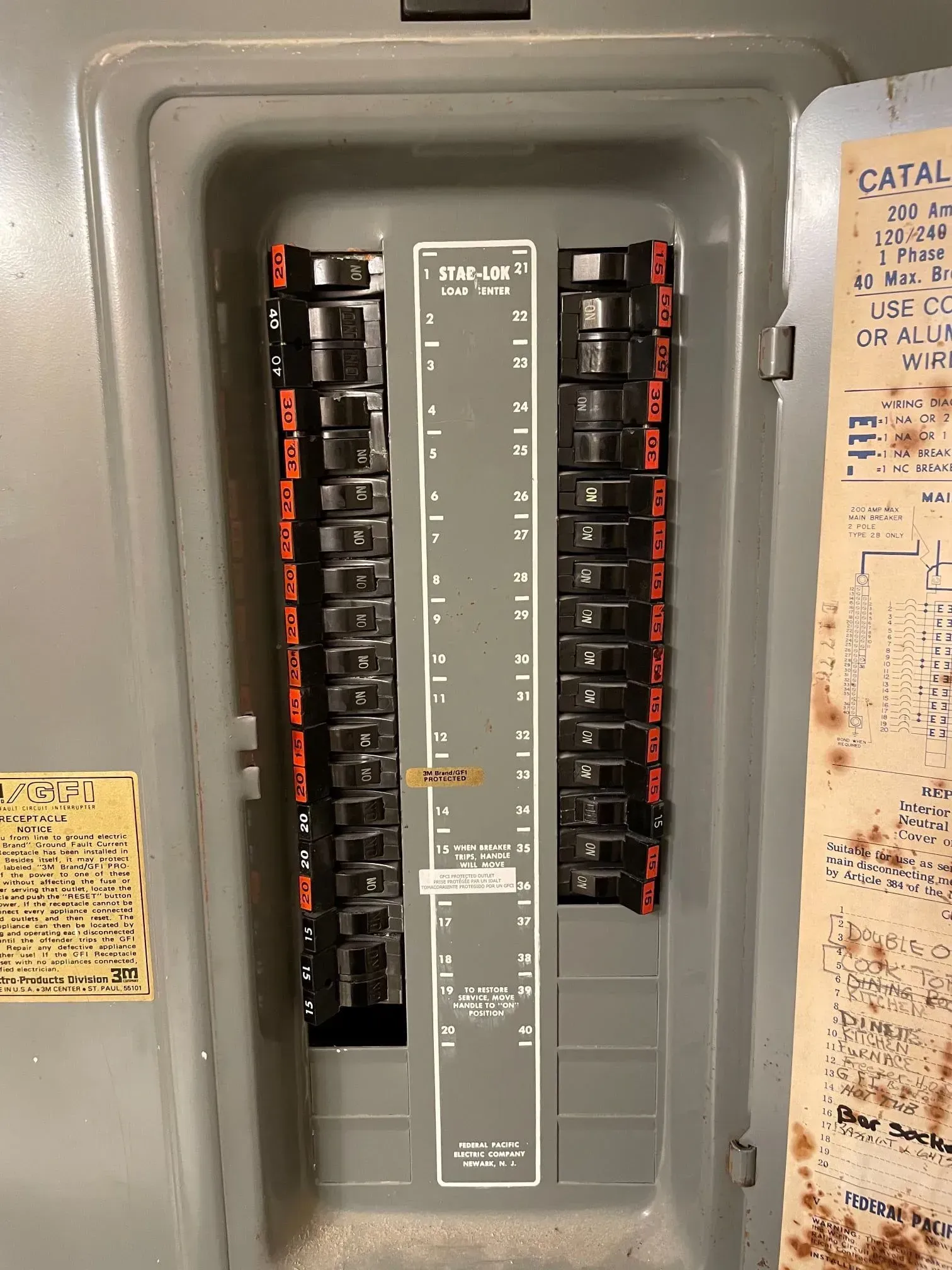 An open grey electrical breaker panel with two columns of black circuit switches and a handwritten door directory.