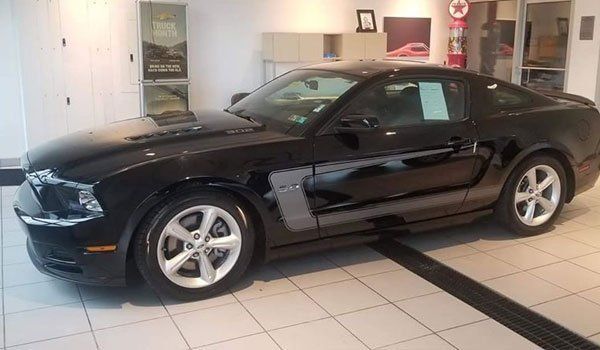 A black mustang is parked in a showroom.
