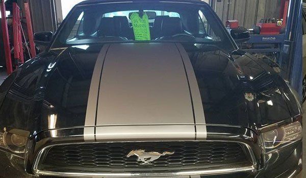 A black mustang with a horse on the hood is parked in a garage.
