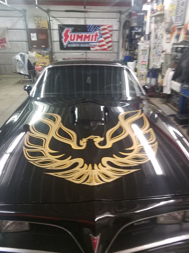A black car with a gold logo on the hood is parked in a garage.