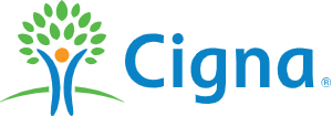 Cigna logo with a person-shaped tree in blue, green, and orange.