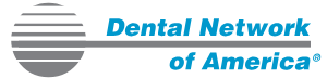 Dental Network of America logo. Gray circle with horizontal lines, turquoise text.