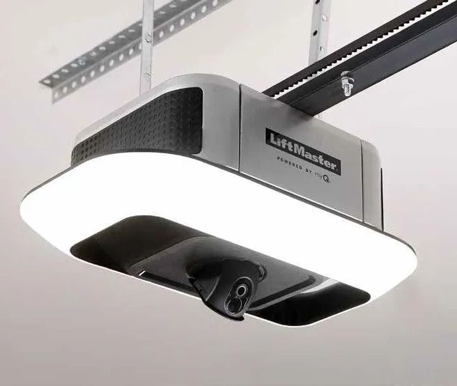 LiftMaster garage door opener with integrated camera and LED lighting, mounted on a track.