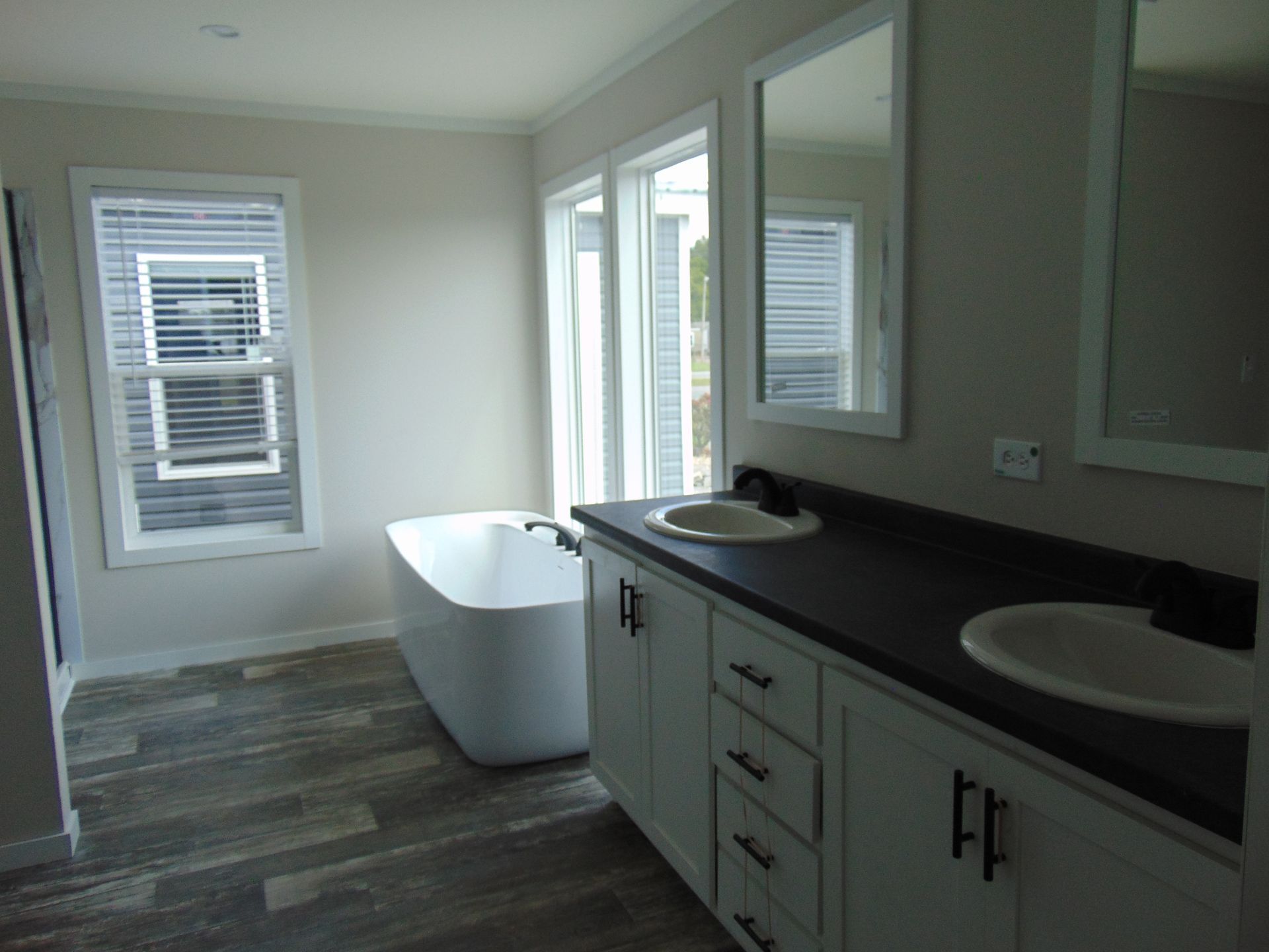 a bathroom with two sinks