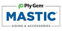 Logo for Mastic Siding & Accessories by Ply Gem, blue text on a white background with a green logo.
