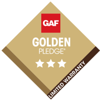 Gold diamond-shaped GAF Golden Pledge Limited Warranty logo featuring the GAF red square logo and three white stars.
