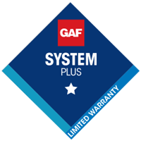 A diamond-shaped GAF System Plus Limited Warranty logo with a red square, white text, and a white star on a blue background.