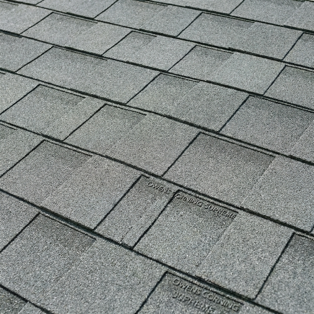 Close-up view of gray asphalt roof shingles.