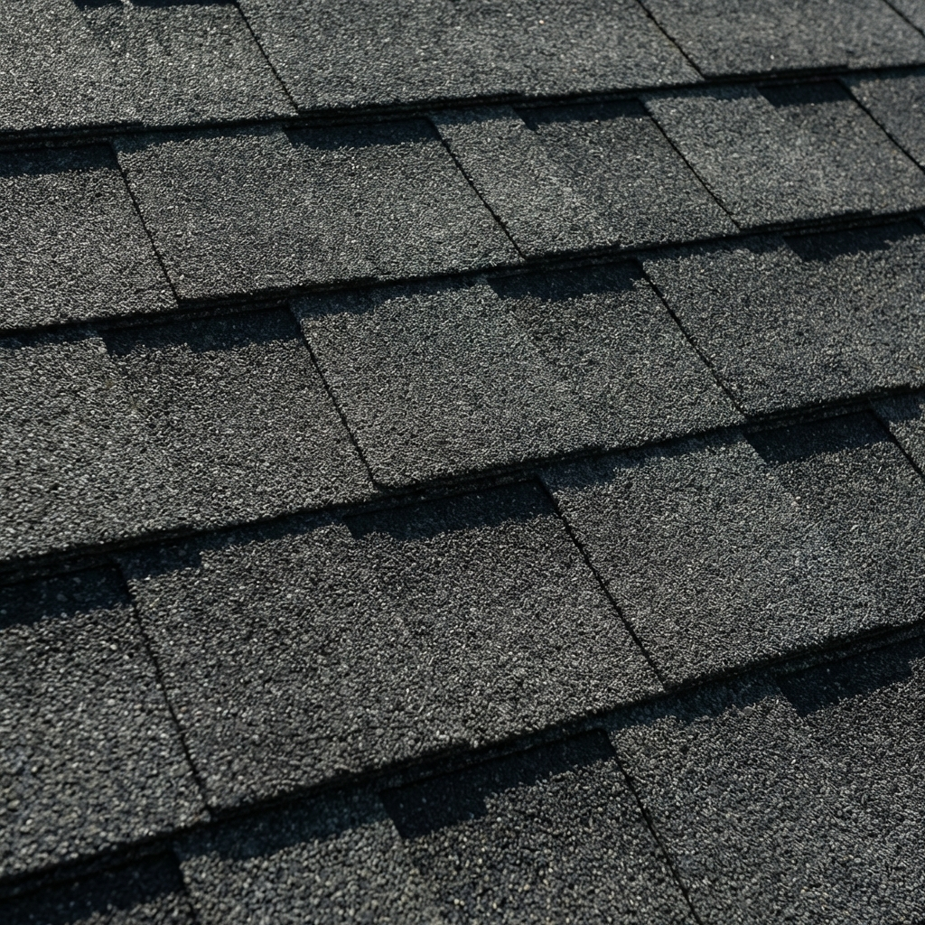 Dark gray asphalt shingle roof, close up view.