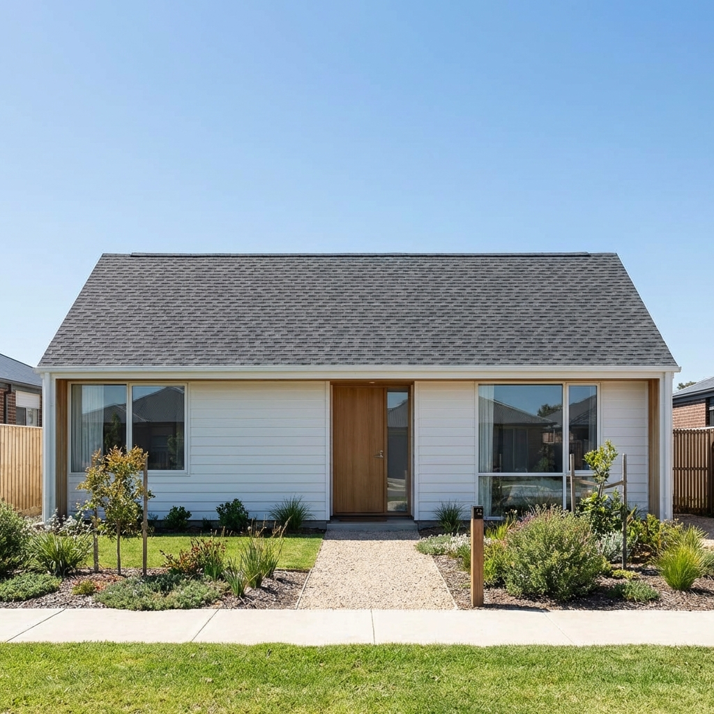 White house with gray roof, wooden door, and windows, with a landscaped front yard on a sunny day.