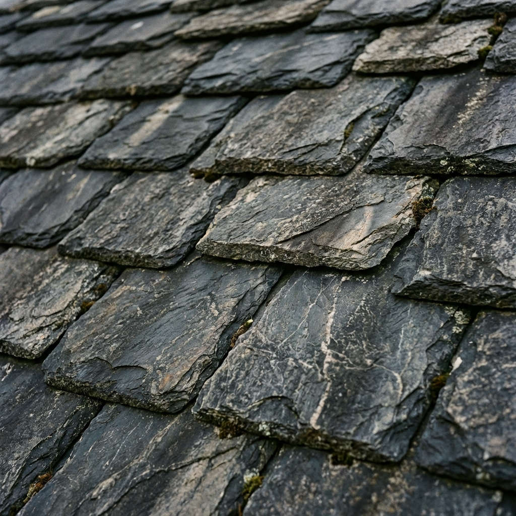 Close-up of a weathered slate roof. The gray tiles overlap in a pattern.