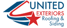 Logo for United Exteriors Roofing & Cladding Co. with red star and blue and red accents.