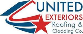 Logo for United Exteriors Roofing & Cladding Co. with blue, red and white elements.