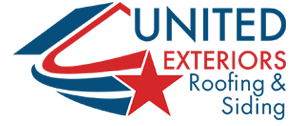 Logo for United Exteriors Roofing & Cladding Co. with blue, red and white elements.