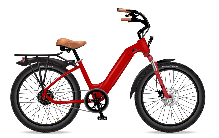 A red electric bike with a brown seat on a white background.